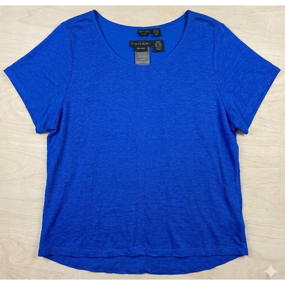 Tahari Linen Knit Top Womens 3X Blue Short Sleeve Scoop Neck Relaxed Tee NWT NEW